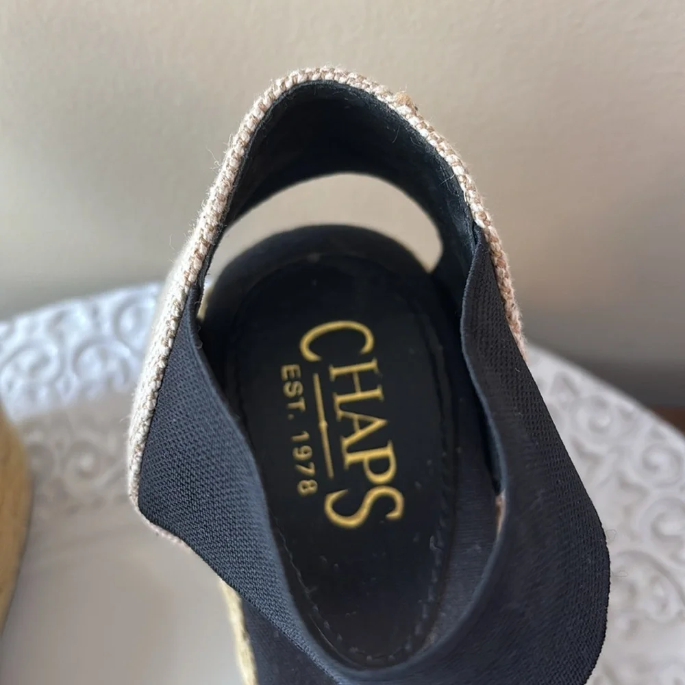Chaps Black and Natural Espadrille Wedge Sandals with Ankle Band